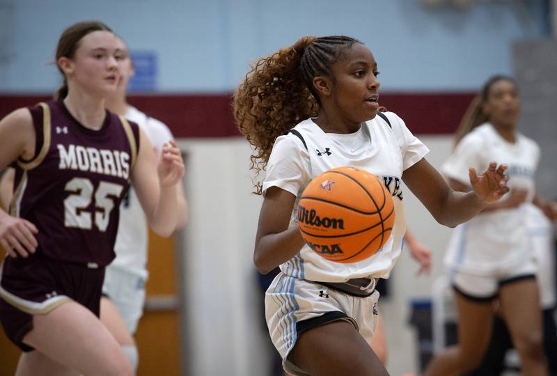 Kankakee's Jasyia Wesby leads on a break away in a game against Morris on Tuesday, January 27, 2026.