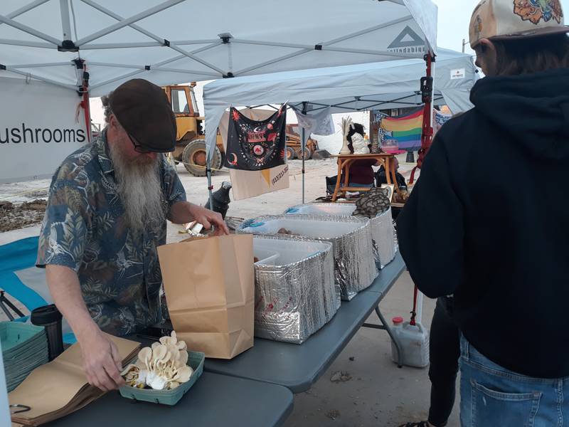 William Thomas of Meddling Sheep Mushrooms of Amboy bags some of his products Friday, May 19, 2023, during the first Friday Night Market in downtown Spring Valley.