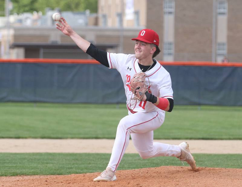 Ottawa's Adam Swanson fires a pitch to Streator during the Class 3A Regional semifinal game on Thursday, May 29, 2025 at Pontiac High School.