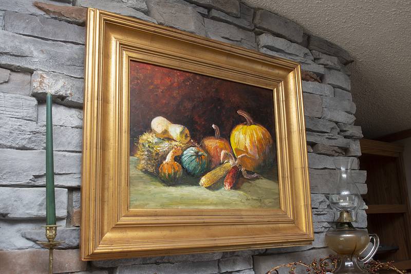 An autumn themed oil painting is one of Harvey’s favorite and is used on her fall greeting cards.