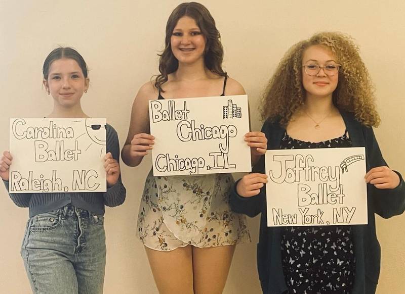 Dimensions Youth Ballet summer dance intensive participants (left to right): Rachael Feldacker, Natalie Spector, and Callie Williams.