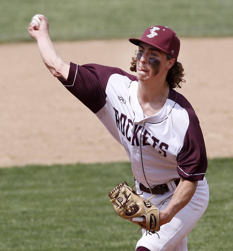 Richmond-Burton’s Joseph Mrowiec throws a pitch in relief during a IHSA Class 2A supersectional baseball game between Richmond-Burton and Timothy Christian at the Rockford Rivets Stadium in Rockford.