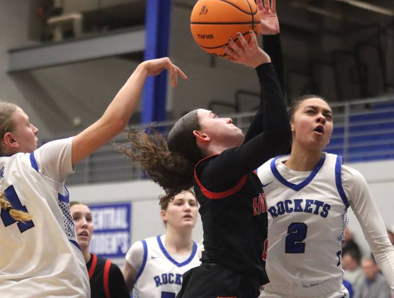 Huntley’s Luca Garlin shoots the ball against Burlington Central in varsity girls basketball on Monday, Feb. 9, 2026, at Central High School in Burlington.