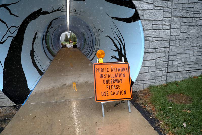 Artist Juan De La Mora works on his mural in the Taylor Avenue pedestrian underpass in Glen Ellyn on Wednesday, Nov. 16, 2022. De La Mora’s piece will feature the four seasons as you progress through the tunnel.