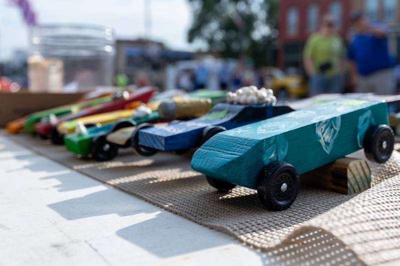 Toy cars await the race ramp at the 20th annual Cruise Night on Friday, August 8, 2025, on Main Street in Marseilles.