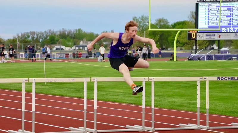 Rochelle's Hunter Bivins clears a hurdle during a meet held on April 28 in Rochelle.