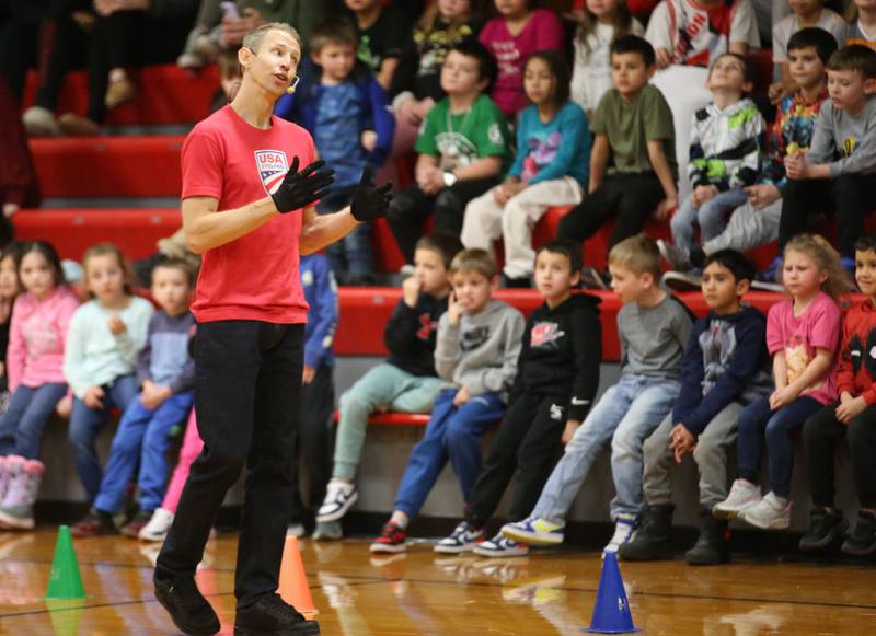 Matt Wilhelm, a national BMX Rider, Guinness World Record holder and America’s Got Talent semi-finalist talks to students about bullying during an assembly on Monday, Jan. 13, 2024 at Ladd Grade School. Wilhelm, a three-time X Games medalist and two-time national champion, is a native to Oak Lawn. Wilhelm was bullied as a child. Today, he presents a strong message while speaking to children while focusing on kindness, positivity and the differences that one person can make.