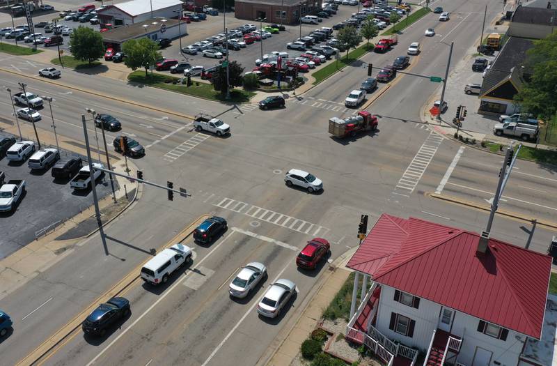 An aerial view of the intersection of Illinois Route 23 and Norris Drive on Friday, Aug. 15, 2025 in Ottawa. The intersection sees some of the most accidents and is also the busiest intersection in La Salle County.