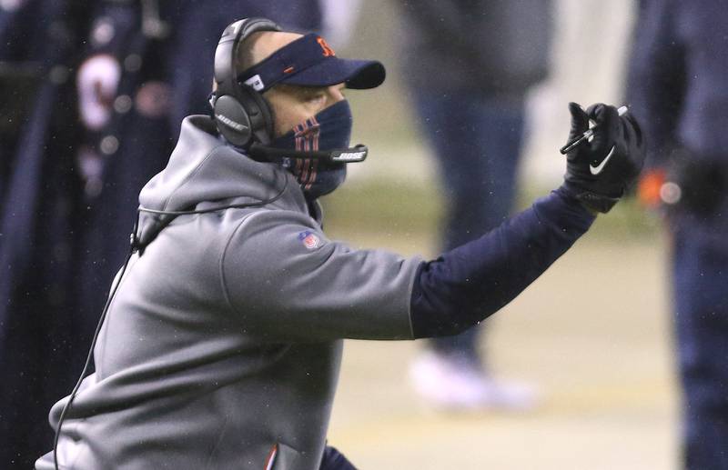 Chicago Bears head coach Matt Nagy calls out instructions to his team as they put together a drive against the Green Bay Packers late in the first half of Sunday's game at Soldier Field in Chicago.