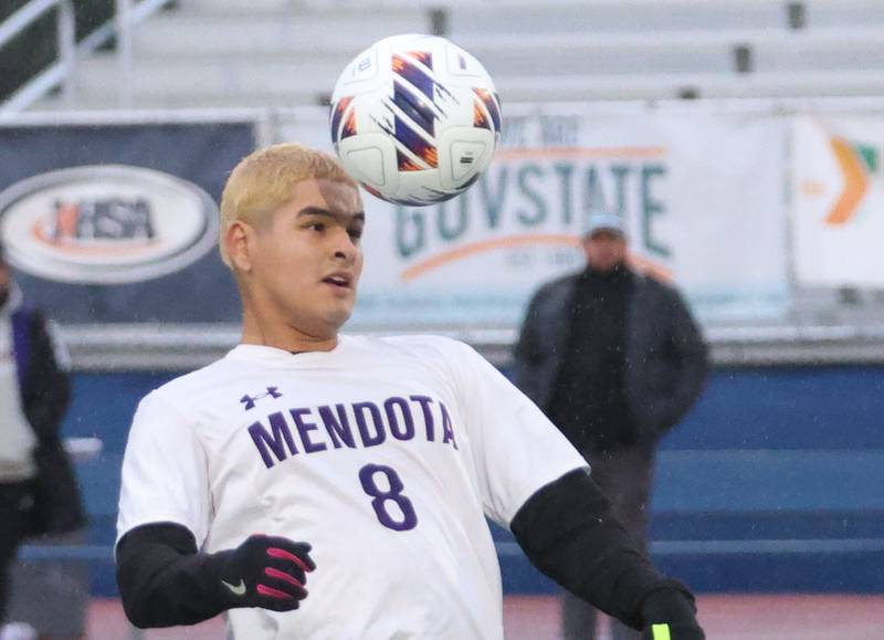 Mendota's Ramiro Palacios puts a header on the ball during the Class 1A State title game on Saturday, Nov. 8, 2025 at Hoffman Estates High School.