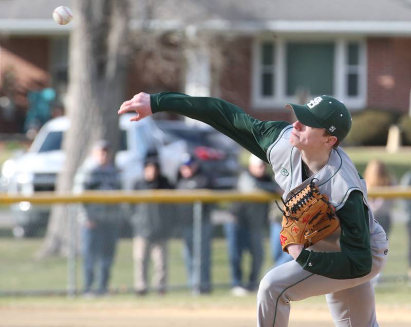 St. Bede's Alex Ankiewicz delivers a pitch to Hall on Monday, March 27, 2023 at Kirby Park in Spring Valley.