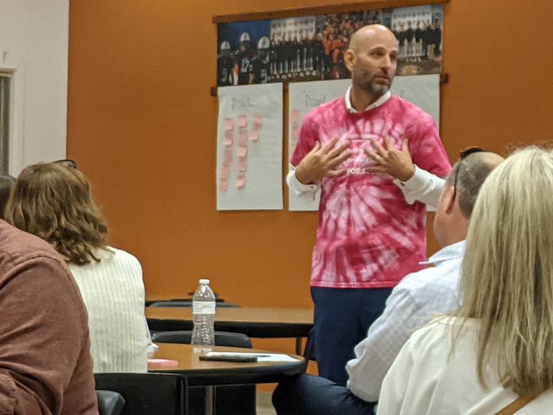 St. Charles School Superintendent Paul Gordon helped lead the district's listening session Thursday at St. Charles East High School.
