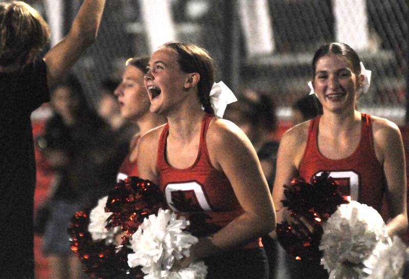 Ottawa cheerleader Jaylin Sullivan cheers during the home opener against Streator on Friday, Sept. 5, 2025 at King Field.