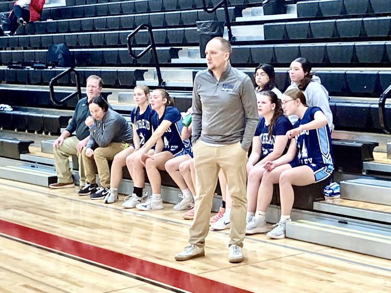 Bureau Valley coach Jon Henegar watches the play on the court at Prophetstown Tuesday night. The Storm defeated Stockton 51-27 the Warkins Tournament at 3-1.