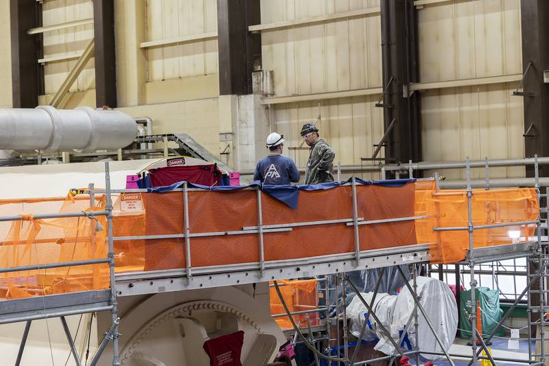 Contractors work on scene at the Byron Nuclear Power Station Wednesday, April 16, 2025. A planned outage shut down Plant 2 so refueling and maintenance can be done. This is scheduled every 18 months.