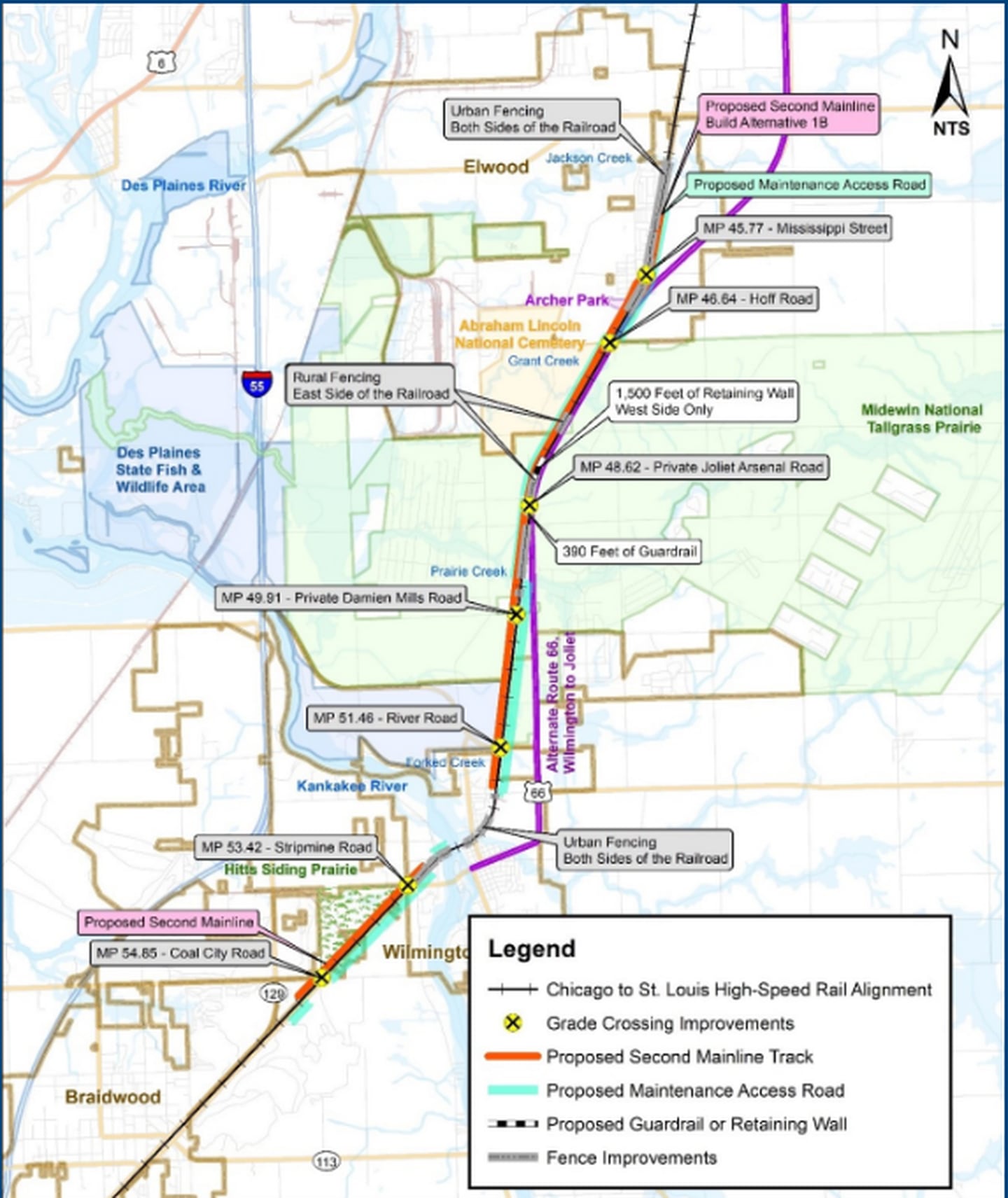 Build Alternative 1B for the Illinois Department of Transportation's plan for rail improvements between Braidwood and Elwood.