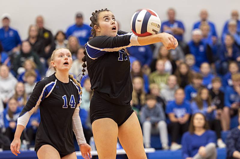 Newark’s Madison Sittler passes the ball against Galena Monday, Oct. 30, 2023 at the Eastland 1A volleyball sectional.