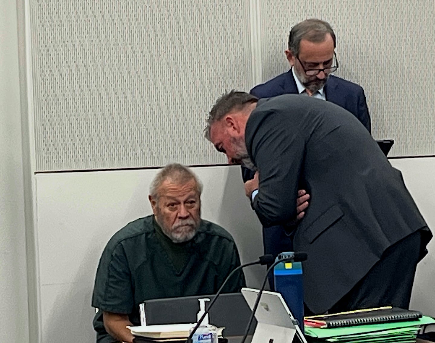 Gilbert Bernal Sr., 82, of Michigan, with his attorneys Dave Carlson and John Fotopoulos on Jan. 28, 2026, at the Will County Courthouse in Joliet.