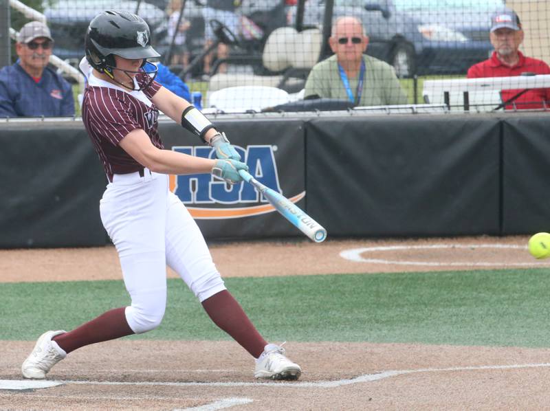 Prairie Ridge's Adysen Kiddy smacks a hit against Burbank St. Laurence during the Class 3A State third place game on Saturday, June 14, 2025 at the Louisville Slugger Sports Complex in Peoria.