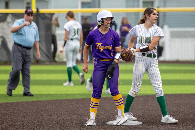 (8) Lily Bosnich of St. Bede tags out (4) Makenzy Moran of Sherrard on Tuesday, May 27, 2025 at Illinois Valley Central High School in Chillicothe.