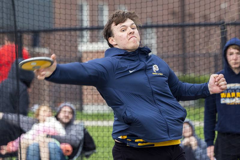 Sterling’s Carter Frieberg fires the discus Friday, May 2, 2025, at the Sterling Night Relays.