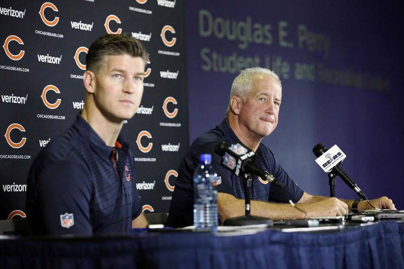 Chicago Bears general manager Ryan Pace, left, and head coach John Fox listen to questions during an NFL football training camp in Bourbonnais, Ill., Wednesday, July 26, 2017.