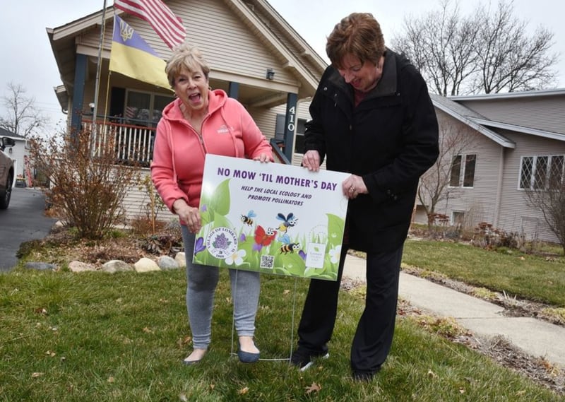 Lombard Garden Club president Barb Madigan, left, and the club's conservation committee chair Janet Kenny show off signs that are part of a villagewide program permitting residents to delay lawn mowing until after Mother's Day. (Paul Valade | Staff Photographer)
