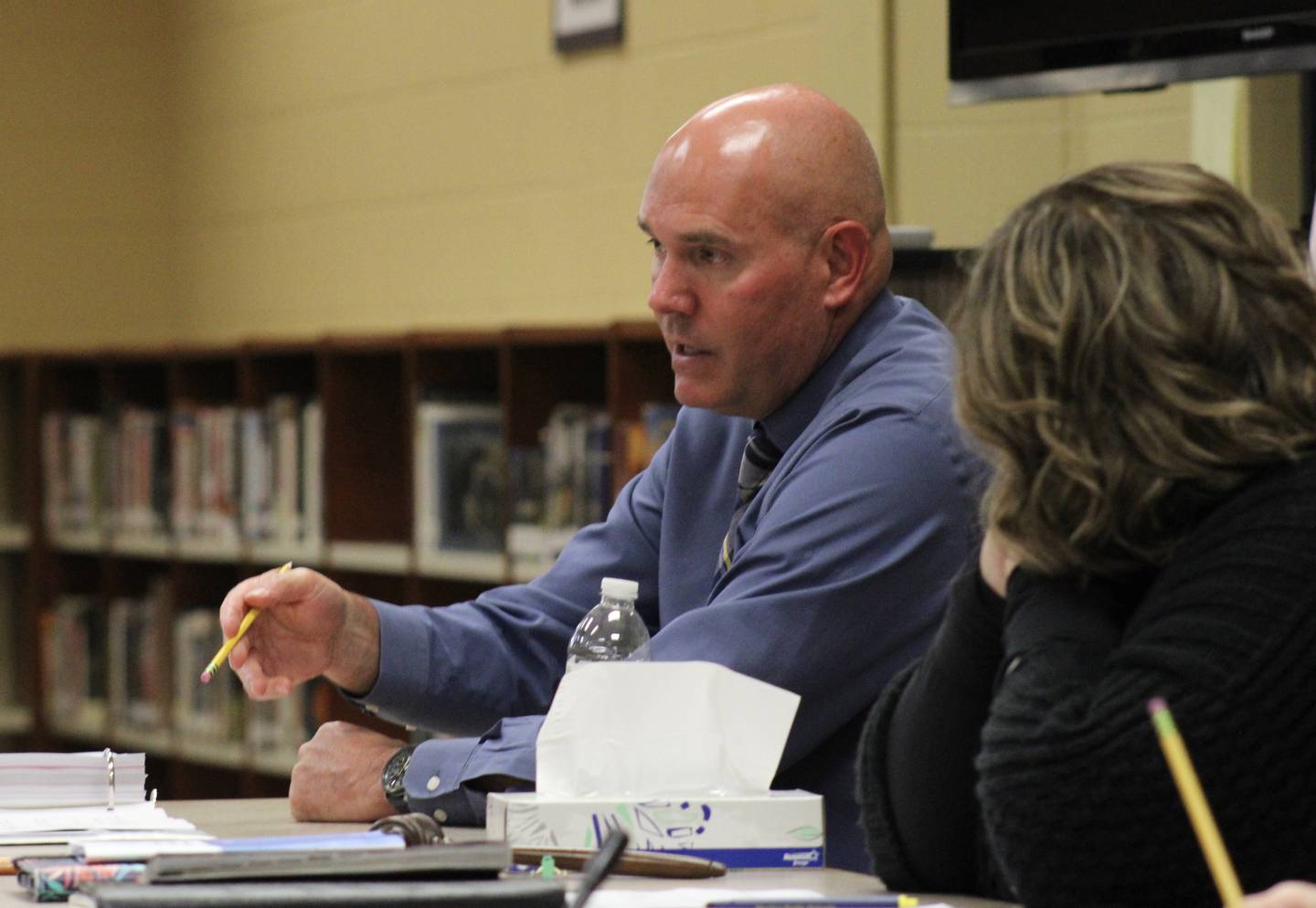 In a file photo from March 23, 2022, Sterling Public Schools Superintendent Tad Everett takes part in a discussion at a board of education meeting. He was interviewed  about student safety in the context of active shooters and other emergencies in the aftermath of the Uvalde, Texas shooting.