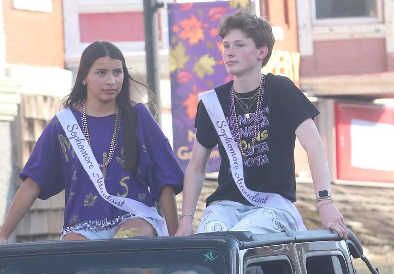 Mendota High School sophomore attendants Hayley Diaz and Gage Richey ride down Indiana Avenue during the homecoming parade on Friday, Oct. 3, 2025