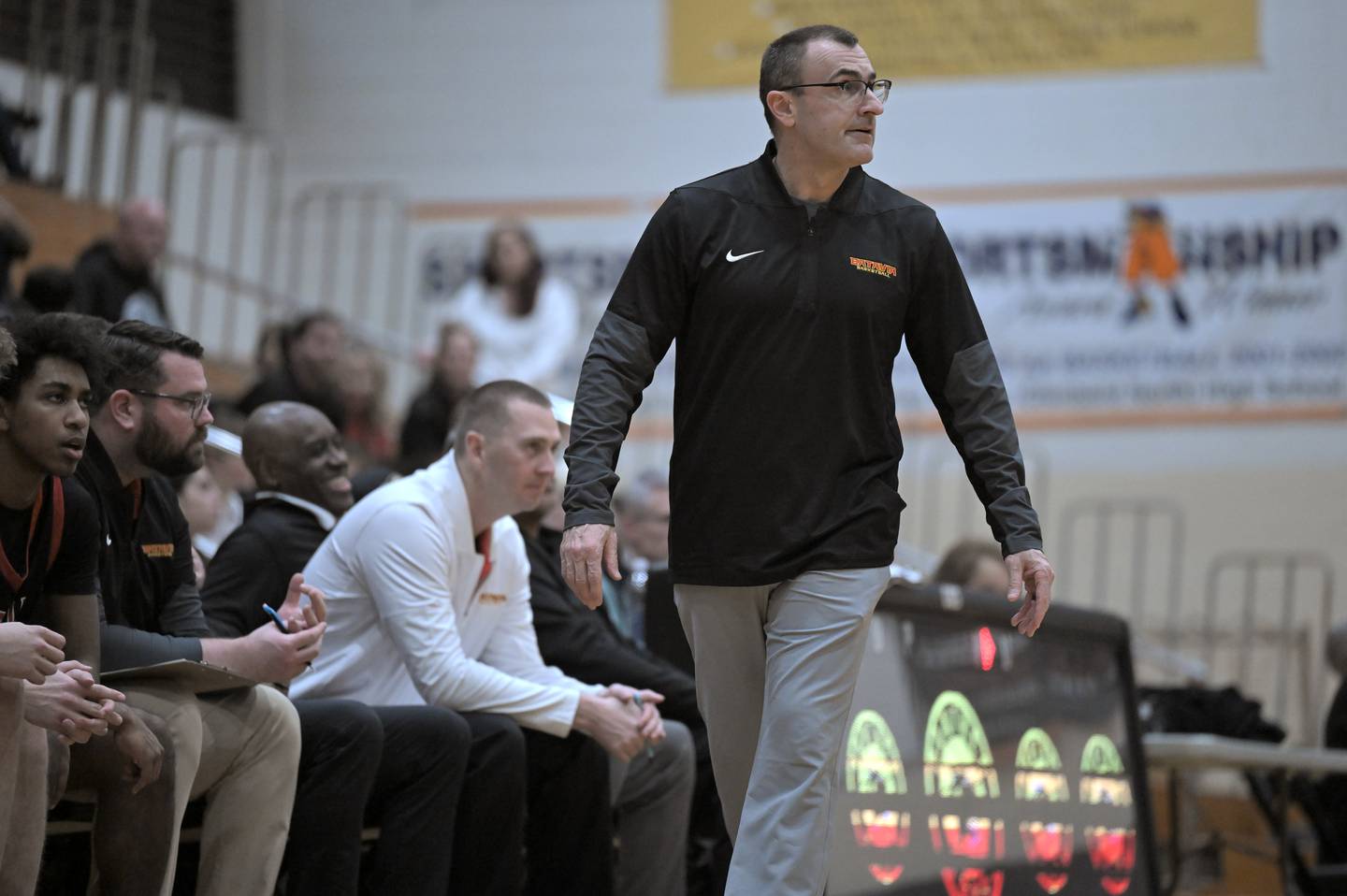 Batavia coach Jim Nazos in a boys basketball game in Glen Ellyn on Friday, Jan. 23, 2026.