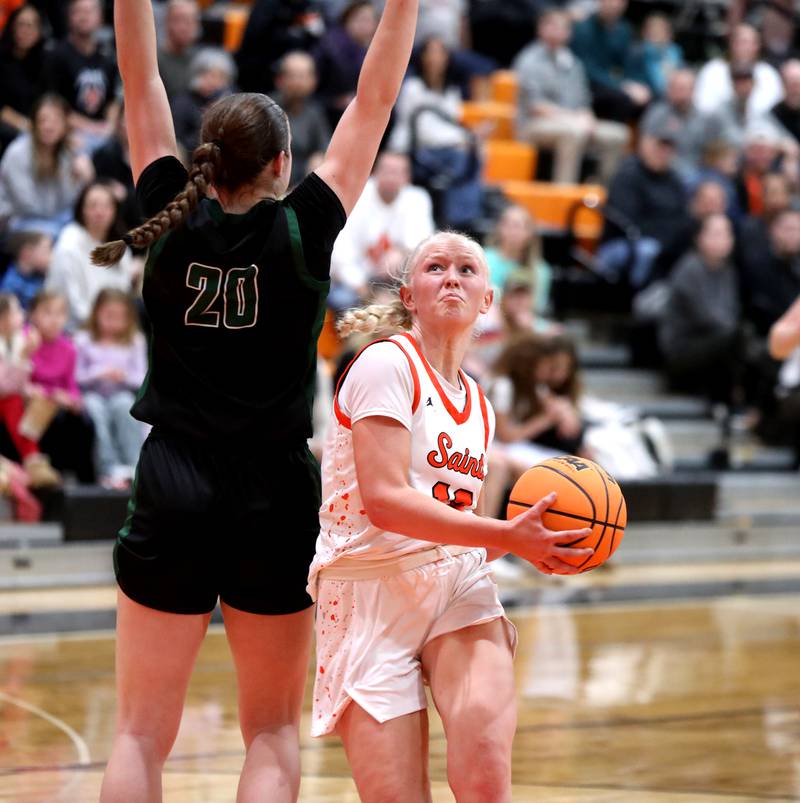 St. Charles East's Addie Schilb goes up for a shot during a Class 4A St. Charles East Sectional semifinal against Glenbard West on Tuesday, Feb. 25, 2025 in St. Charles.