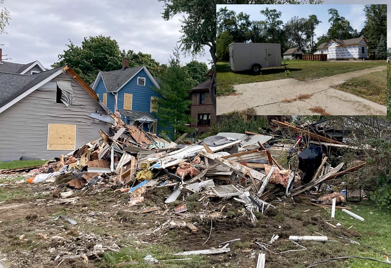The immediate aftermath of an explosion in Woodstock on Oct. 9, 2023, shows one home in wreckage and others badly damaged. Inset: The same site is shown a year later.