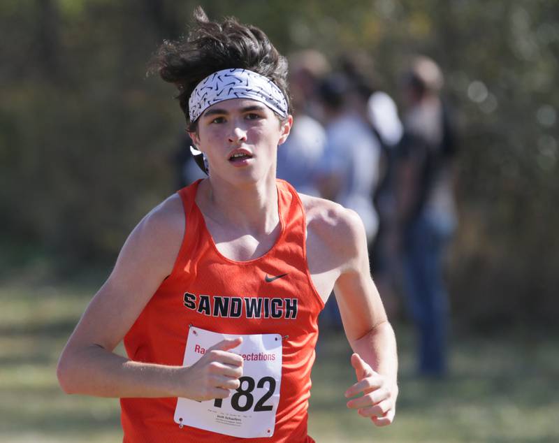 Sandwich's Josh Schaefers runs in the Class 1A Regional Cross Country boys race on Saturday, Oct. 22, 2022 at the Seneca FFA Farm in Marseilles.