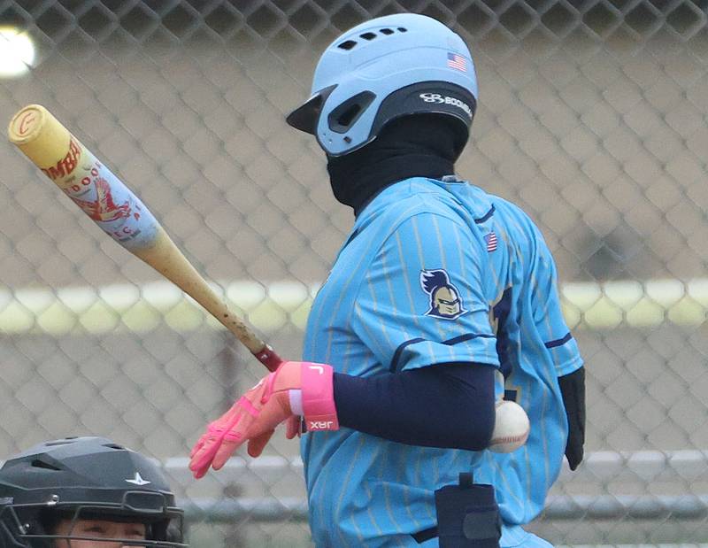 Marquette's Easton Debernardi gets hit in the back by a pitch against Eureka on Wednesday, April 1, 2026 at Masinelli Field in Ottawa.