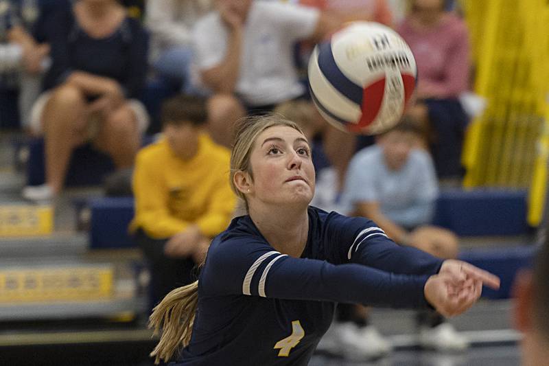 Sterling’s Olivia Melcher plays a shot against Alleman Monday, Sept. 18, 2023 at Sterling High School.