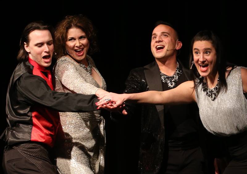 (From left) Trent Oliver,  played by Jake Jakielski, Dee Dee Allen, played by Tracey Childers, Barry Glickman, played by Matt Valle, and Angie Dickenson, played by Natalie Verucchi act out a scene during a rehearsal of "The Prom" on Wednesday, April 19, 2023 at IVCC in Oglesby.