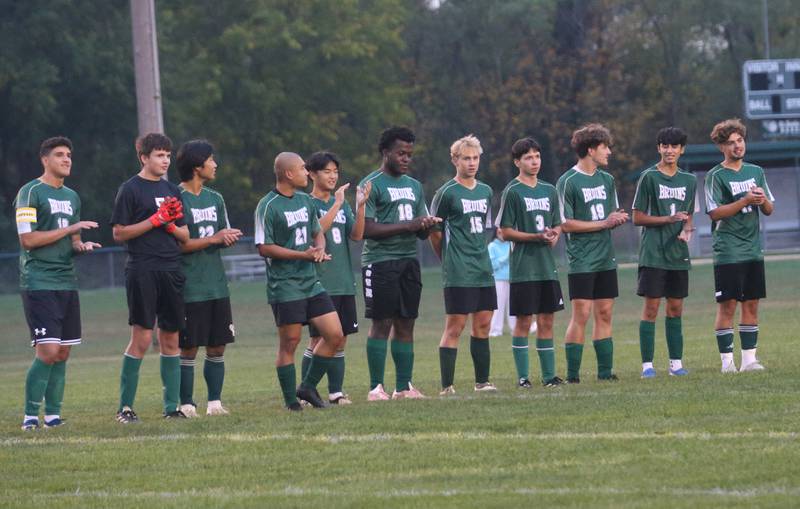 Members of the St. Bede boys soccer team are introduced before the game against Abingdon-Avon on Wednesday, Oct. 15, 2025 at St. Bede Academy. It was the first time ever a high-school soccer game was played at St. Bede Academy.