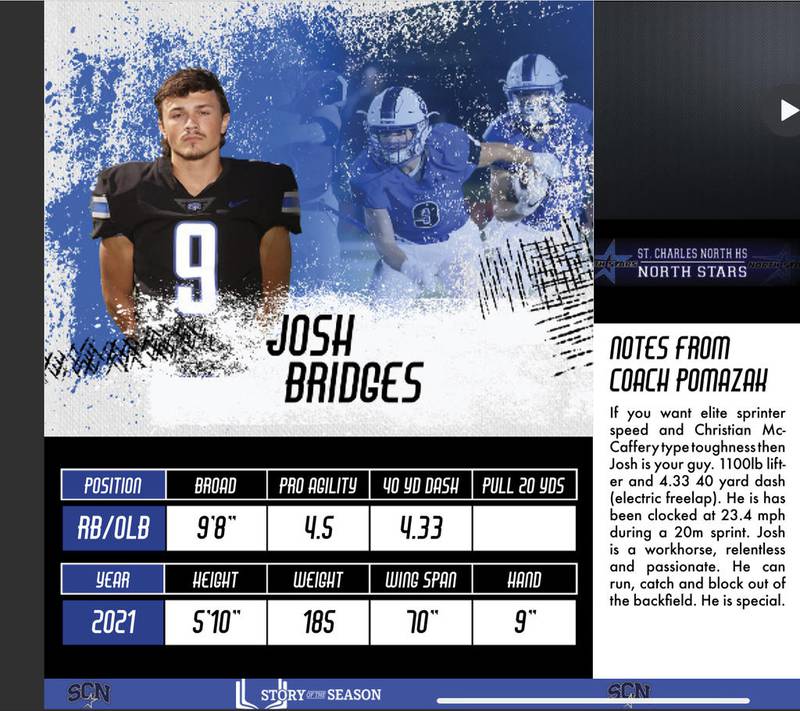 A portion of St. Charles North senior Josh Bridges' Story of my Season recruiting profile.