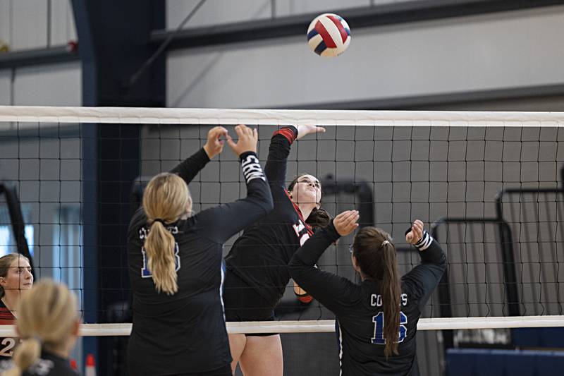 Forreston’s Jaiden Schneiderman goes up to play a ball against Newman Saturday, Sept. 30, 2023 during the Sterling Volleyball Invitational held at Challand Middle School.