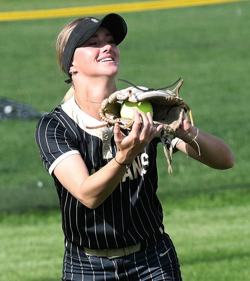 Sycamore's Faith Heil makes a catch in left field Monday, May 12, 2025, during their game against Ottawa at Sycamore High School.