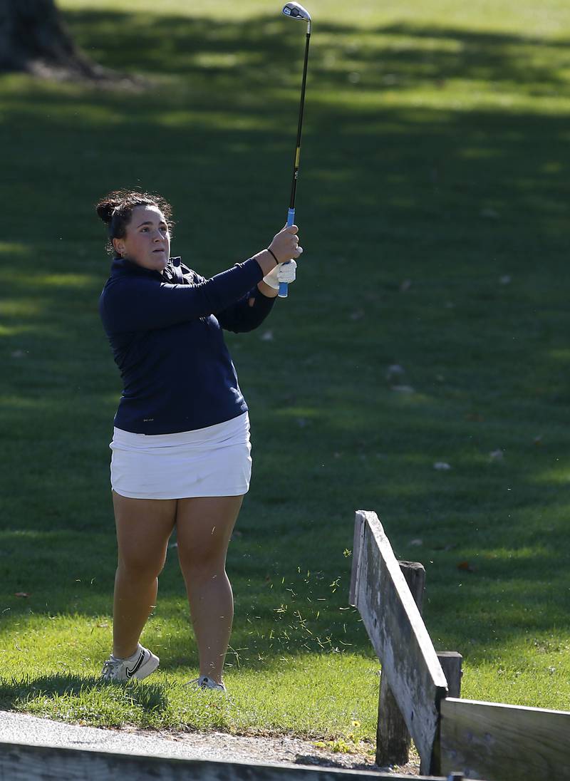 Sterling’s Emily Schwingle watches fairway shot on the first hole during the IHSA Class 2A Huntley Girls Golf Regional on Tuesday, Oct. 1, 2024, at Pinecrest Golf Club in Huntley.