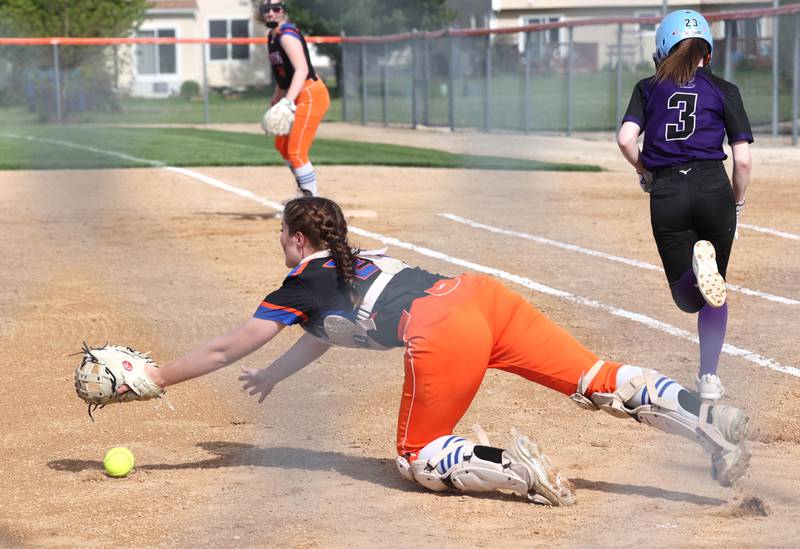 Genoa-Kingston's Christine Venditti dives for a ball during their Class 2A Regional quarter final game against Rockford Lutheran Monday, May 15, 2023, at Genoa-Kingston High School.