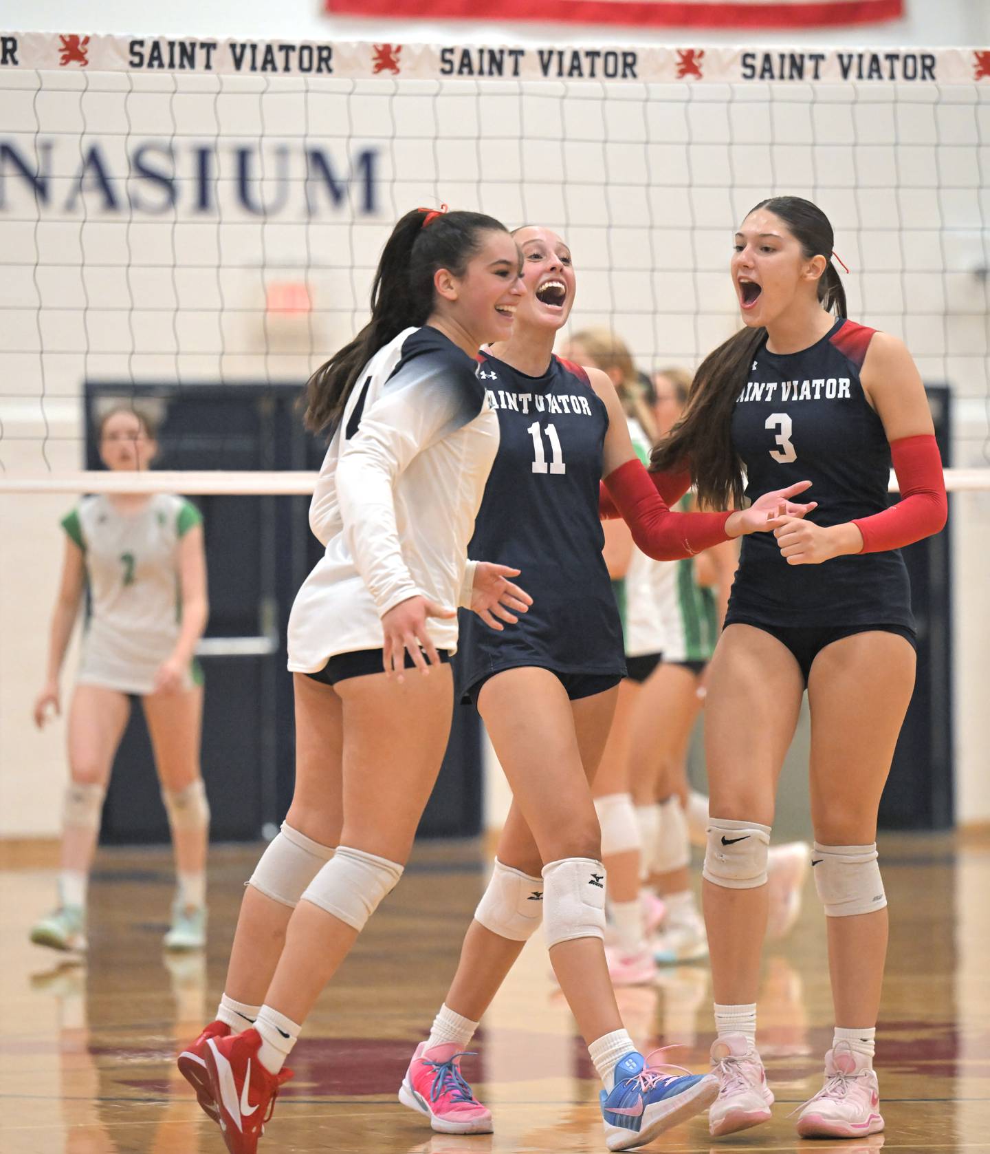 Saint Viator’s Gabriella Vitullo, Erin Lynch and Grace Geary, right, react to the Lions’ win against York in a girls high school Top 20 villeyball match in Arlington Heights on Thursday, Sept. 18, 2025.
