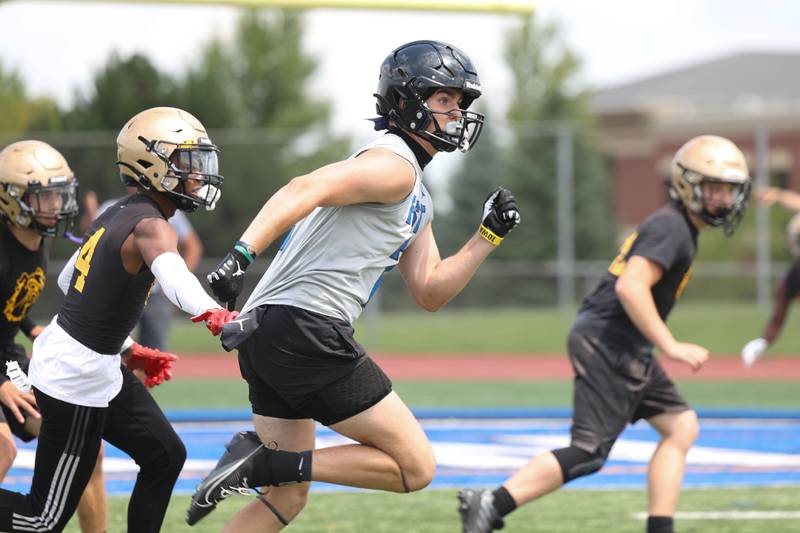 Lincoln-Way East’s Trey Zvonar runs a route during a 7-on-7 scrimmage at Lincoln-Way East on Tuesday, July 18th, 2023 in Frankfort.