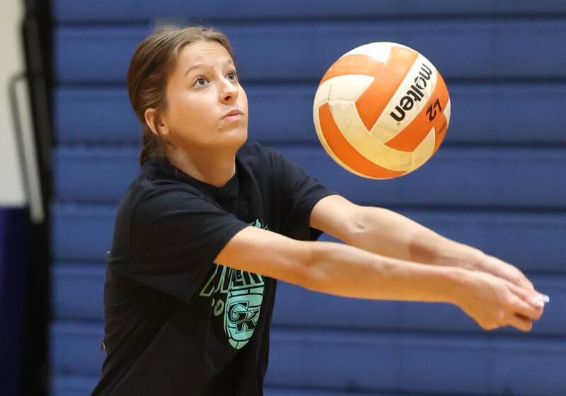 Genoa-Kingston’s Annabelle Peters bumps the ball Thursday, Aug. 1, 2024, during practice at the school in Genoa.