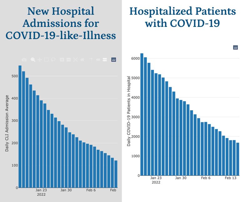 Hospitalizations and new admissions for COVID-19 are both in decline according to new data from the Illinois Department of Public Health on February 16, 2022.