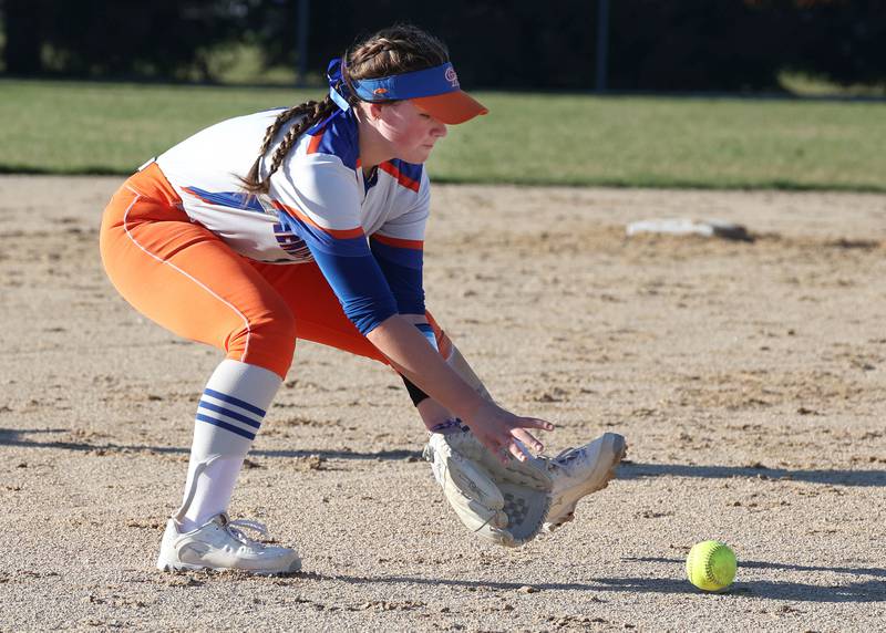 Genoa-Kingson's Olivia Vasak fields a grounder during their game against Forreston Friday, March 15, 2024, at Genoa-Kingston High School.