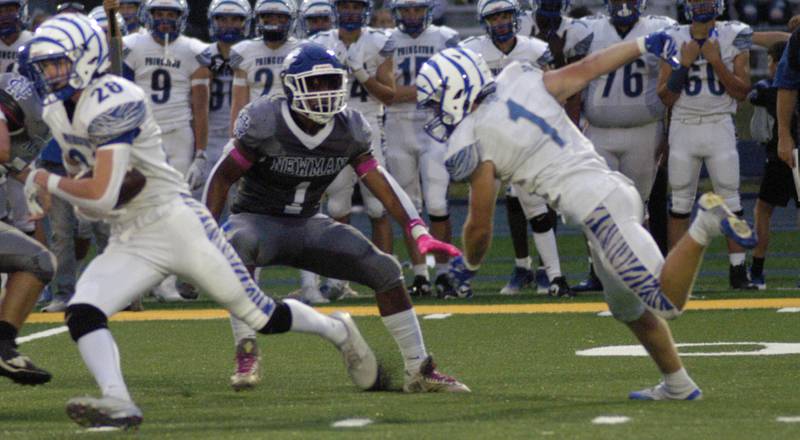 Princeton's  Ayden Agushi runs the ball upfield. Newman Central Catholic H.S hosted Princeton H.S. in a non-conference football game at Sterling H.S, on Friday, August 29, 2025.