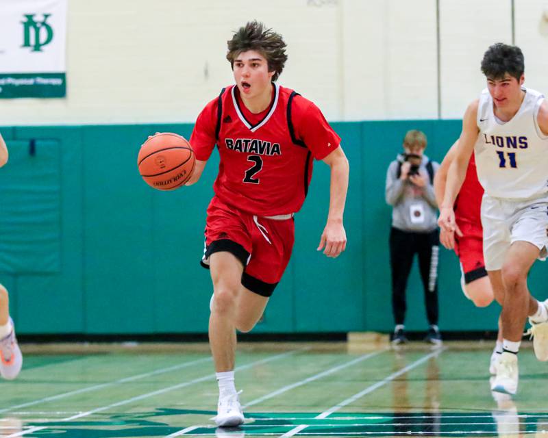 Batavia's Jacobs Aseltine (2) races down the court during the Jack Tosh Holiday Classic basketball game between Lyons at Batavia.  Dec 26, 2022.
