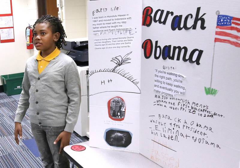 Romel Banks, a fifth grade student at Malta Elementary School, portrays Barack Obama Monday, March 4, 2024, during the schools Wax Museum. In honor of Black History Month students in fifth grade at the school research a Black historical figure and do a presentation on their person at the end of the month.